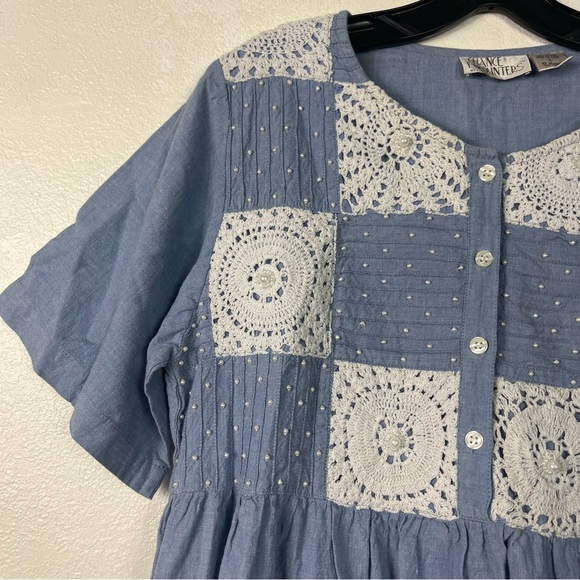 Blue chambray Lace crochet pearl floral patchwork vintage with pocket size large - Picture 4 of 10